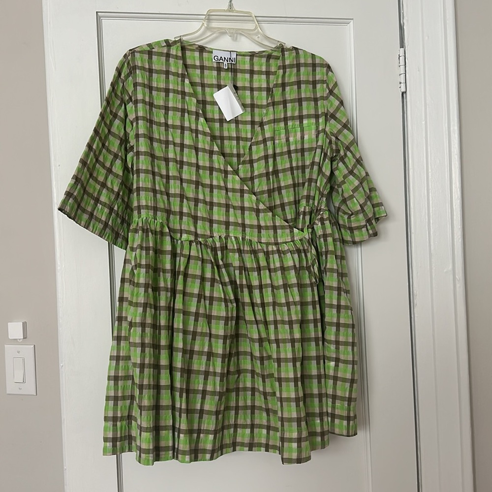 Ganni Seersucker Checkered Wrap Mini Dress